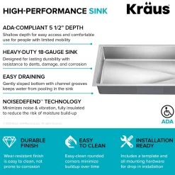 33” ADA Compliant Undermount Single Bowl 18-Gauge Stainless Steel Kitchen Sink