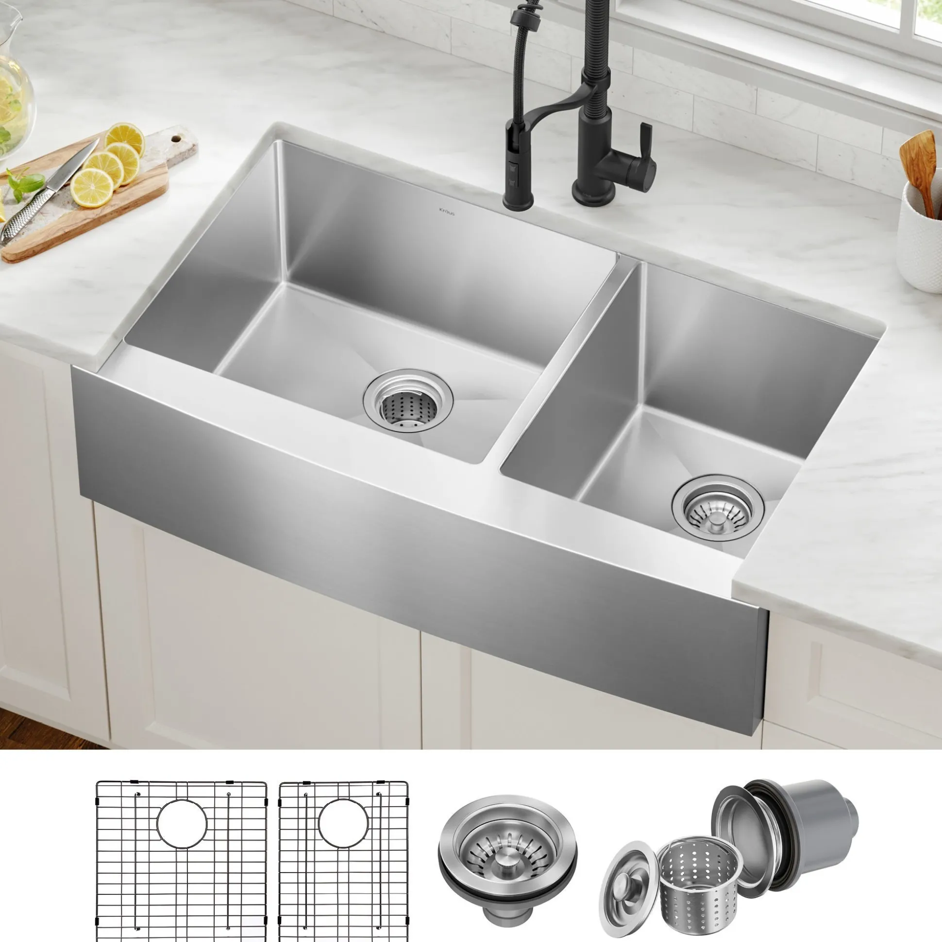 36" Apron Front Farmhouse 16 Gauge 60/40 Double Bowl Stainless Steel Kitchen Sink