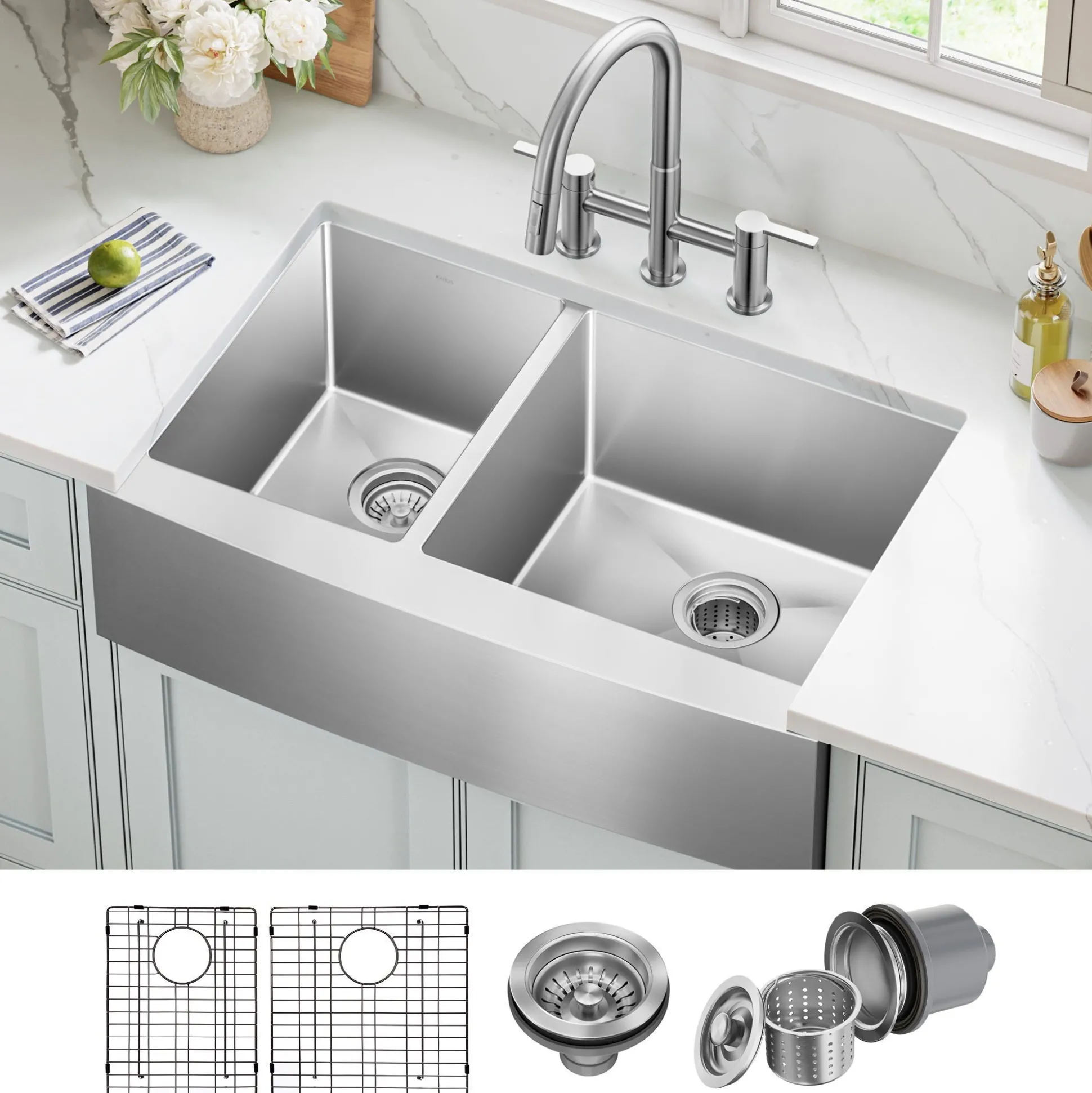 33" Apron Front Farmhouse 16 Gauge 40/60 Double Bowl Stainless Steel Kitchen Sink