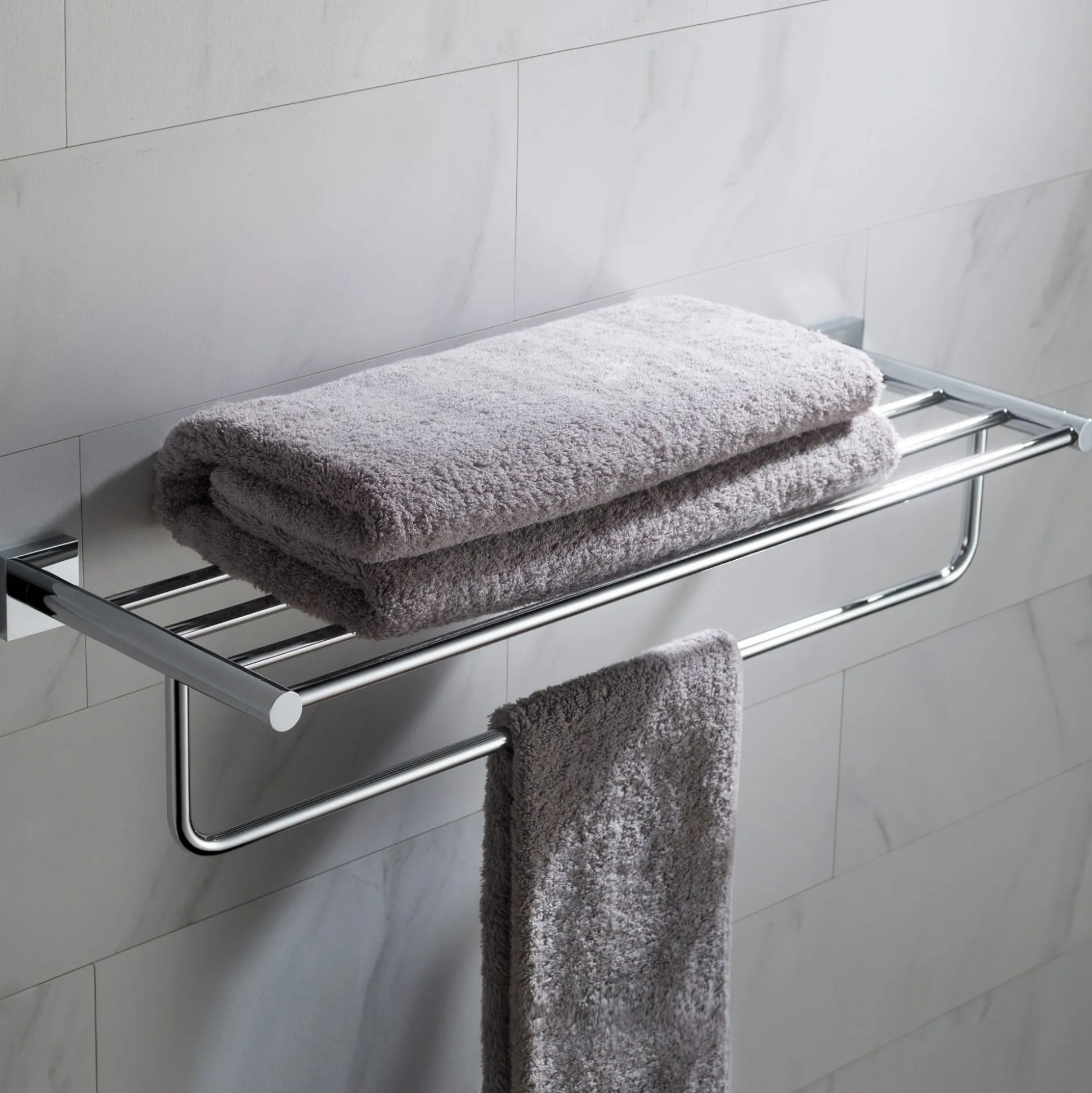 Bathroom Shelf with Towel Bar in Chrome