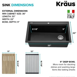 Bellucci Workstation 33 in. Drop-In Granite Composite Single Bowl Kitchen Sink in Metallic Black with Accessories with WasteGuard™ Continuous Feed Garbage Disposal