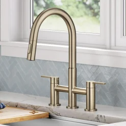 Bridge Kitchen Faucet with Pull-Down Sprayhead in Spot-Free Antique Champagne Bronze