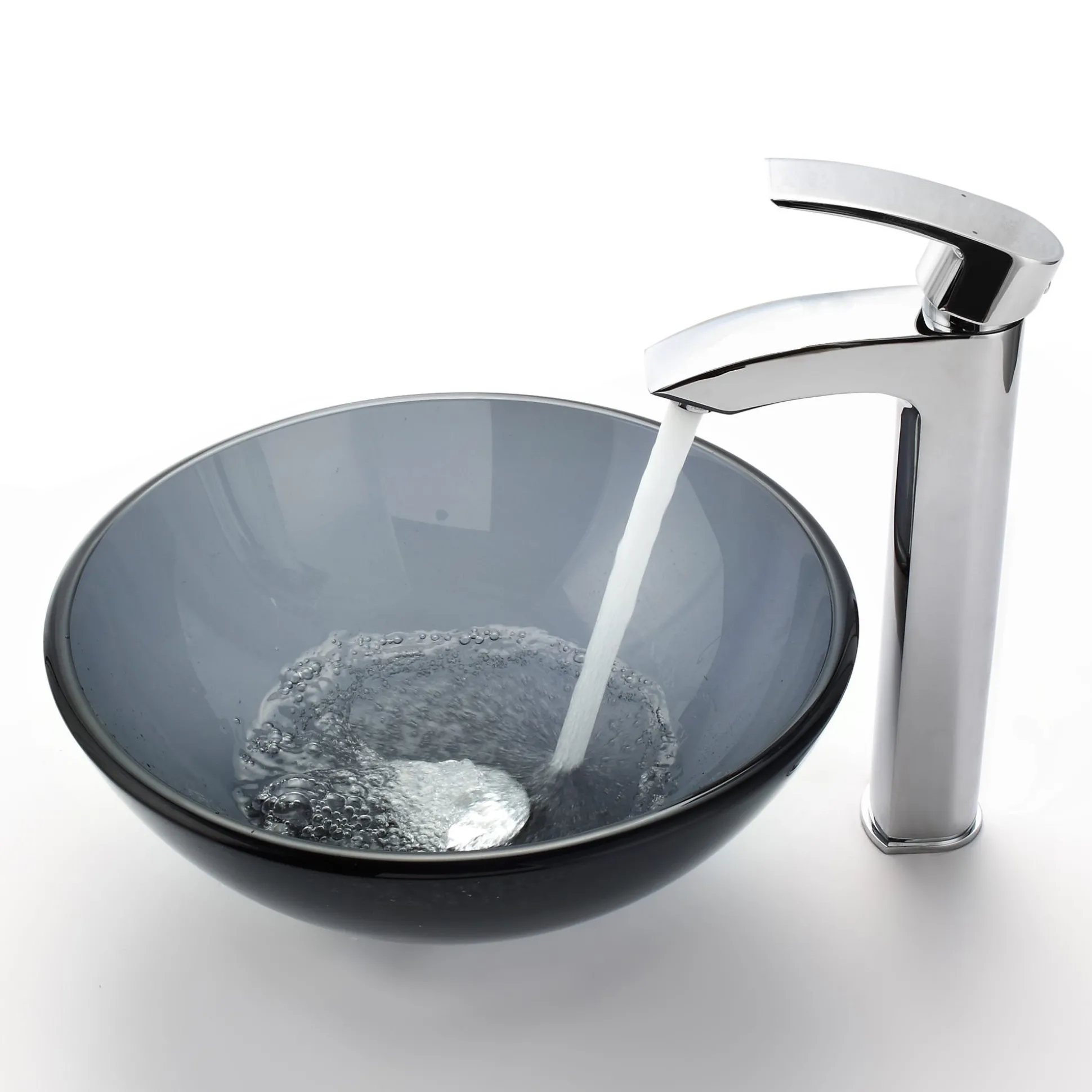 Clear Black Glass Vessel 14" Bathroom Sink w/ Pop-Up Drain in Satin Nickel