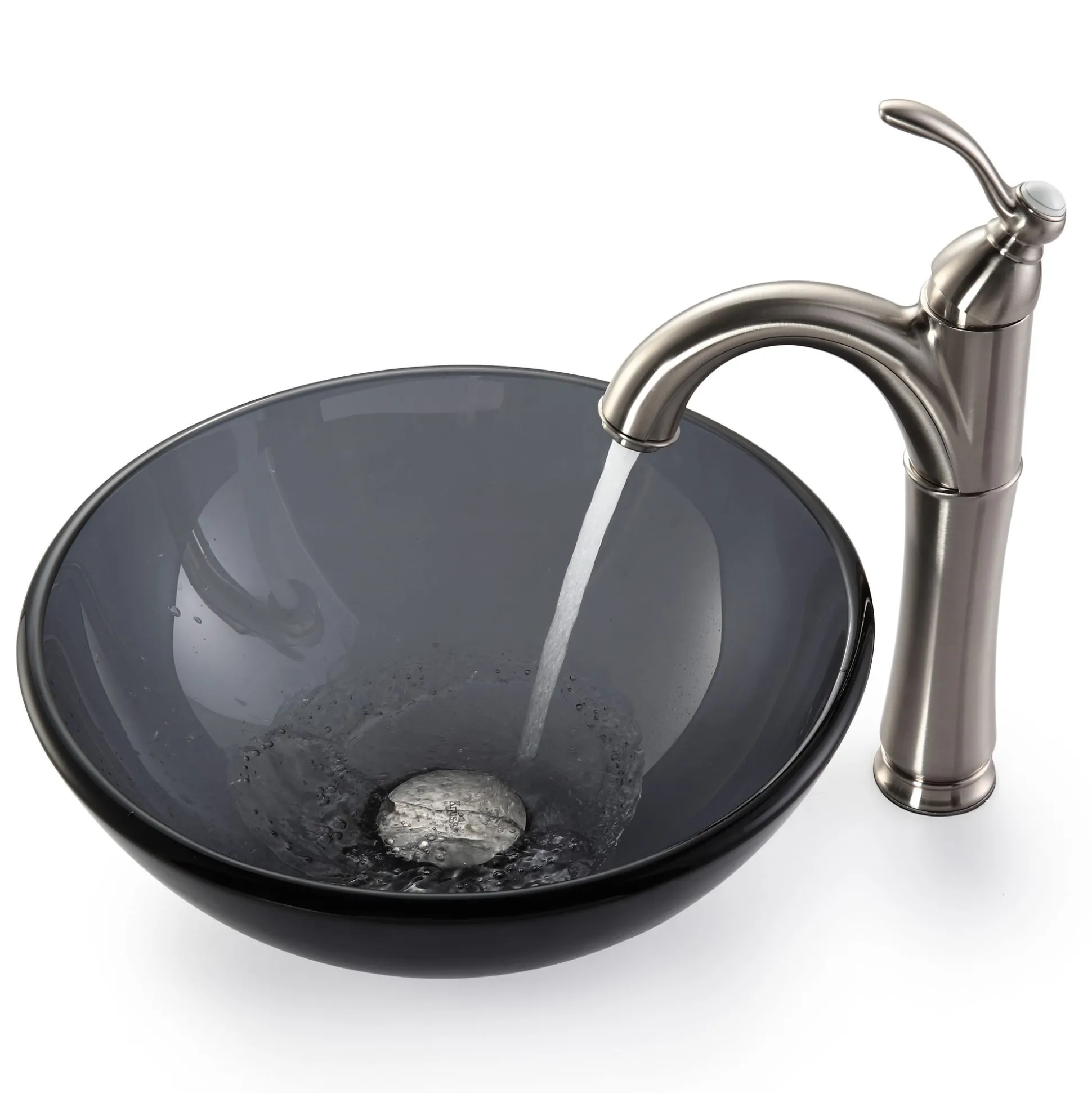 Clear Black Glass Vessel 14" Bathroom Sink w/ Pop-Up Drain in Satin Nickel