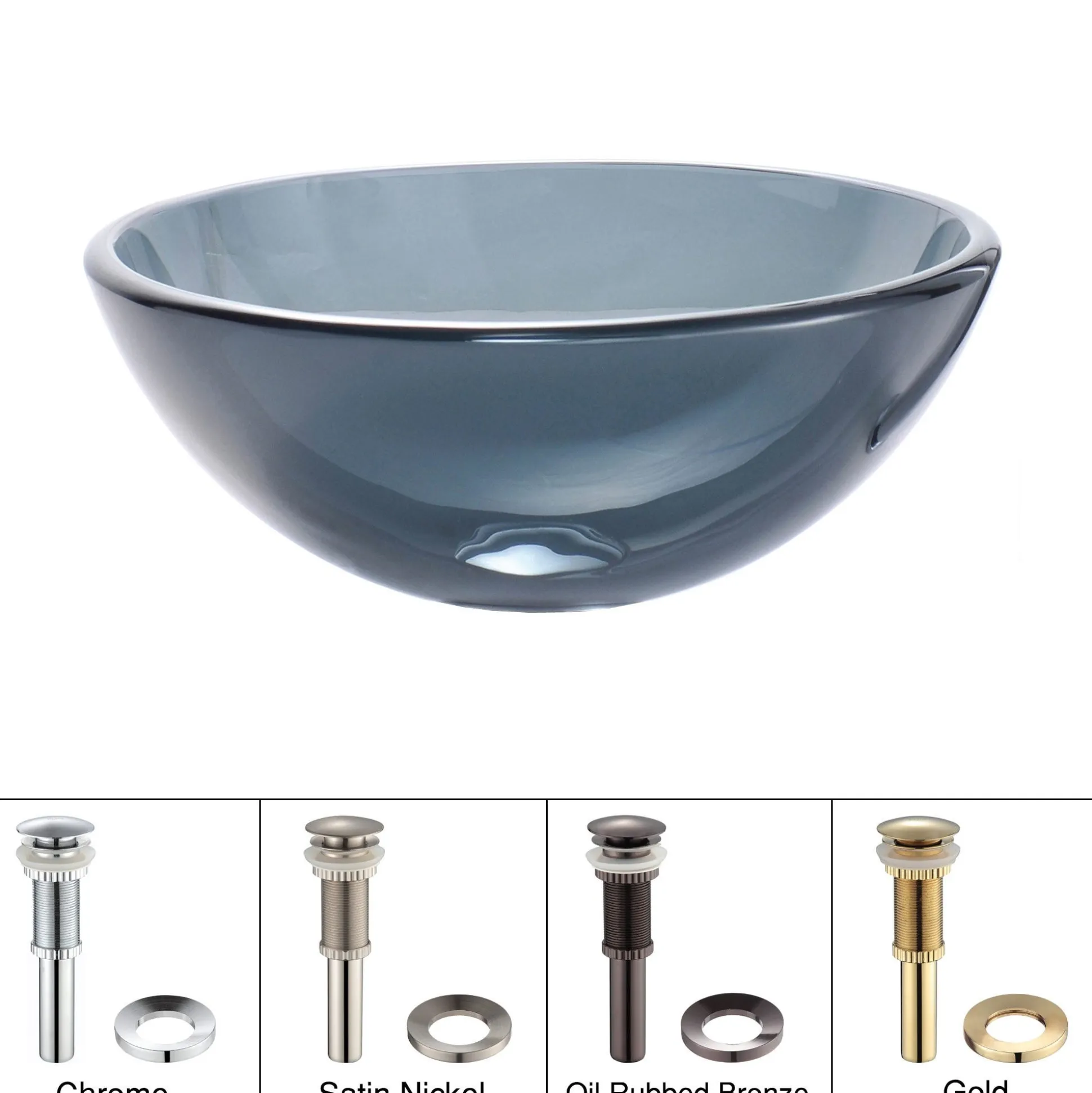 Clear Black Glass Vessel 14" Bathroom Sink w/ Pop-Up Drain in Satin Nickel
