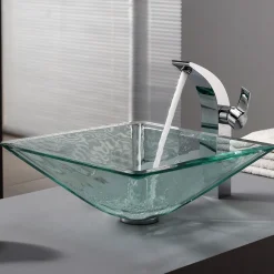 Clear Square Glass Vessel 16 1/2" Bathroom Sink w/ Pop-Up Drain in Satin Nickel