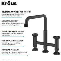 Color-Changing Industrial Bridge Kitchen Faucet with Side Sprayer and ColorSmart™ Technology in Matte Black / Grey