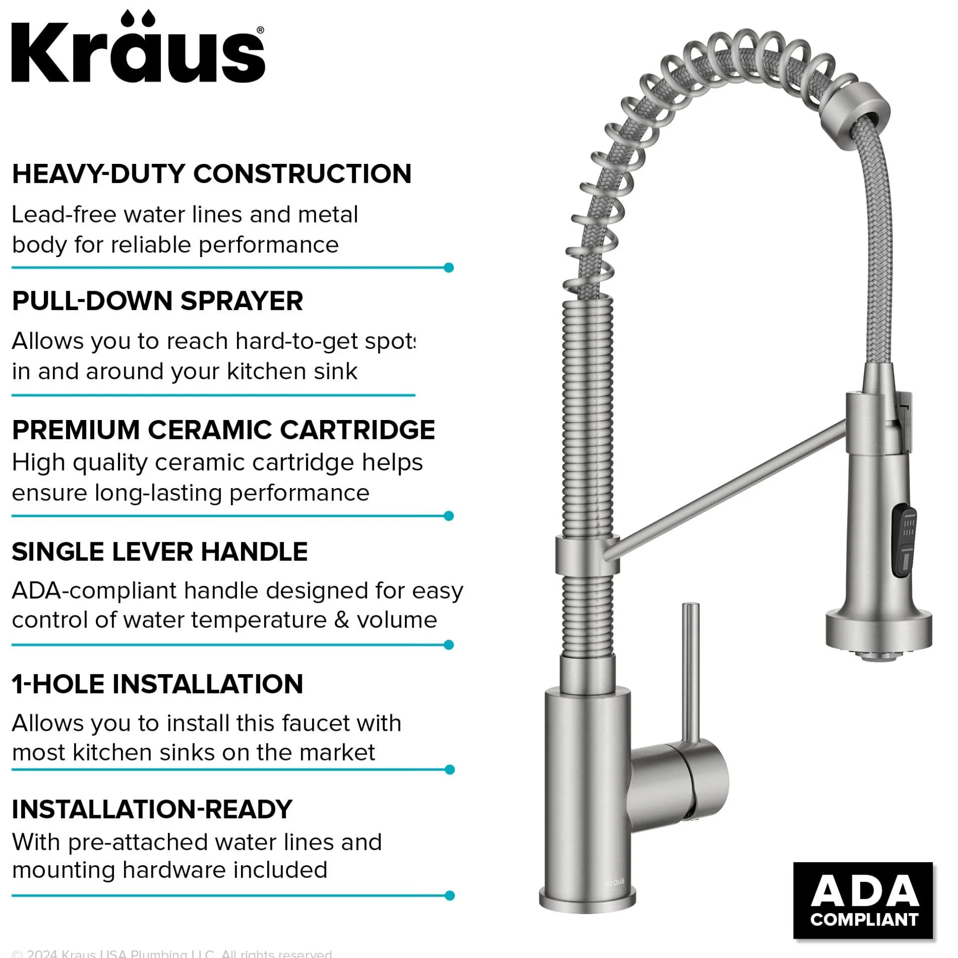 Commercial Style 2-Function Single Handle Pull Down Kitchen Faucet in Spot-Free Stainless Steel