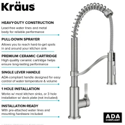Commercial Style 2-Function Single Handle Pull Down Kitchen Faucet in Spot-Free Stainless Steel