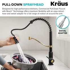 Commercial Style 2-Function Single Handle Pull Down Kitchen Faucet in Spot-Free Brushed Brass / Matte Black