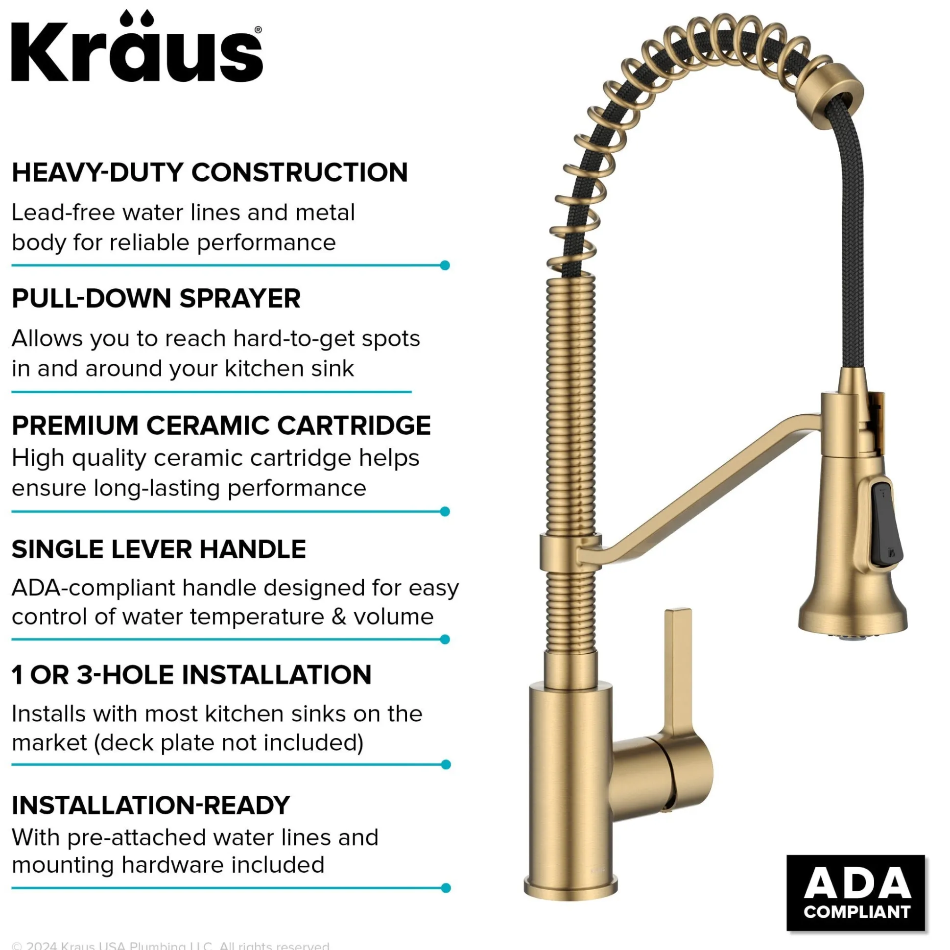 Commercial Style 2-Function Single Handle Pull Down Kitchen Faucet in Spot-Free Brushed Brass