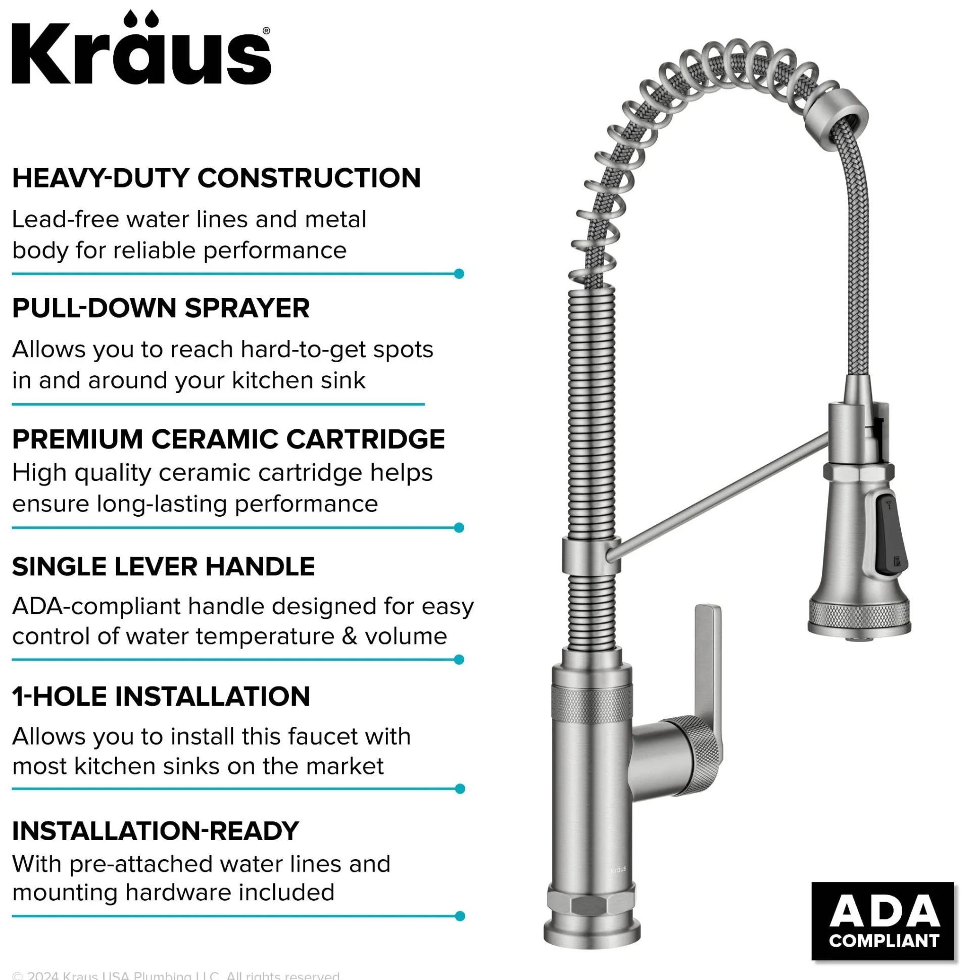 Commercial Style 2-Function Single Handle Pull Down Kitchen Faucet in Spot-Free Stainless Steel