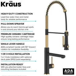 Commercial Style 2-Function Single Handle Pull Down Kitchen Faucet with Pot Filler in Spot-Free Brushed Brass / Matte Black