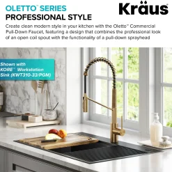 Commercial Style Single Handle Pull Down Kitchen Faucet with QuickDock Top Mount Installation Assembly in Brushed Brass