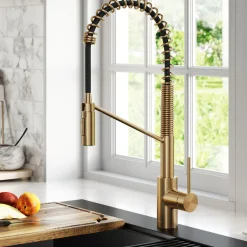 Commercial Style Single Handle Pull Down Kitchen Faucet with QuickDock Top Mount Installation Assembly in Brushed Brass