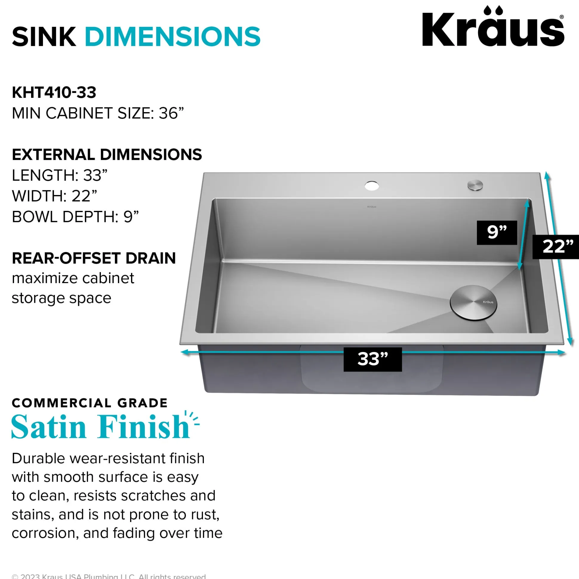 33" Drop-In/Top Mount Kitchen Sink w/ Bolden Commercial Pull-Down Faucet in Spot Free Stainless Steel