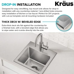 15” Drop In / Top Mount Single Bowl 18-Gauge Stainless Steel Kitchen Bar Sink