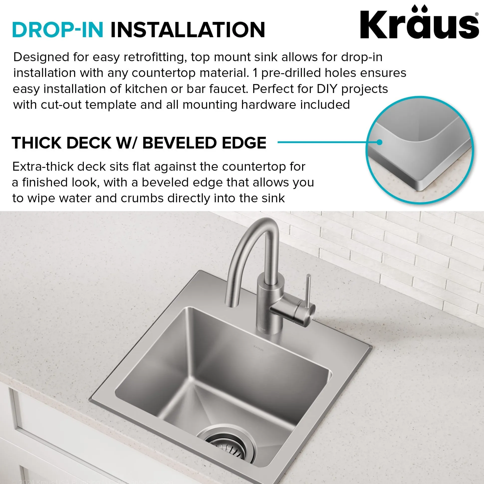 15” Drop In / Top Mount Single Bowl 18-Gauge Stainless Steel Kitchen Bar Sink