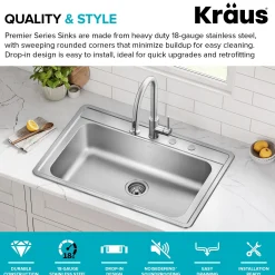 33” Drop In / Top Mount Single Bowl 18-Gauge Stainless Steel Kitchen Sink