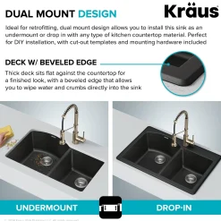 33” Drop In / Undermount 60/40 Double Bowl Granite Kitchen Sink in Black