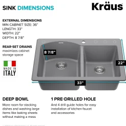 33” Drop In / Undermount 60/40 Double Bowl Granite Kitchen Sink in Grey