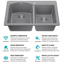 33” Drop In / Undermount 60/40 Double Bowl Granite Kitchen Sink in Grey
