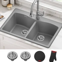 33” Drop In / Undermount 50/50 Double Bowl Granite Kitchen Sink in Grey