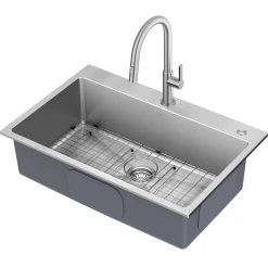 33” Drop-In / Undermount 18 Gauge Stainless Steel Single Bowl Kitchen Sink and Pull-Down Faucet in Spot-Free Stainless Steel Finish