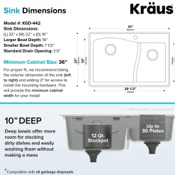 33" Drop-In/Undermount Granite 60/40 Double Bowl Kitchen Sink and Strainers in Grey