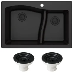 33" Drop-In/Undermount Granite 60/40 Double Bowl Kitchen Sink and Strainers in Black