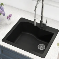 25" Drop-In/Undermount Granite Single Bowl Kitchen Sink and Strainer in Black