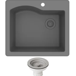 25" Drop-In/Undermount Granite Single Bowl Kitchen Sink and Strainer in Grey