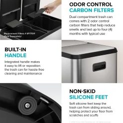 15.8 Gallon / 60 Liter Dual Compartment Step Pedal Kitchen Trash Can in Matte Black with Removable Inner Buckets, Odor Control Filters, and Soft Close Lid