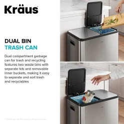 15.8 Gallon / 60 Liter Dual Compartment Step Pedal Kitchen Trash Can in Spot-Free Stainless Steel with Removable Inner Buckets, Odor Control Filters, and Soft Close Lid