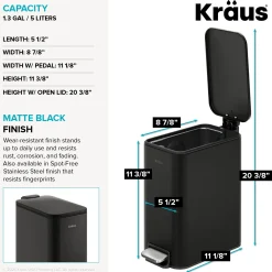 1.3 Gallon / 5 Liter Step Pedal Bathroom Trash Can in Matte Black with Removable Inner Bucket and Soft Close Lid