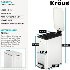 1.3 Gallon / 5 Liter Step Pedal Bathroom Trash Can in Matte White with Removable Inner Bucket and Soft Close Lid
