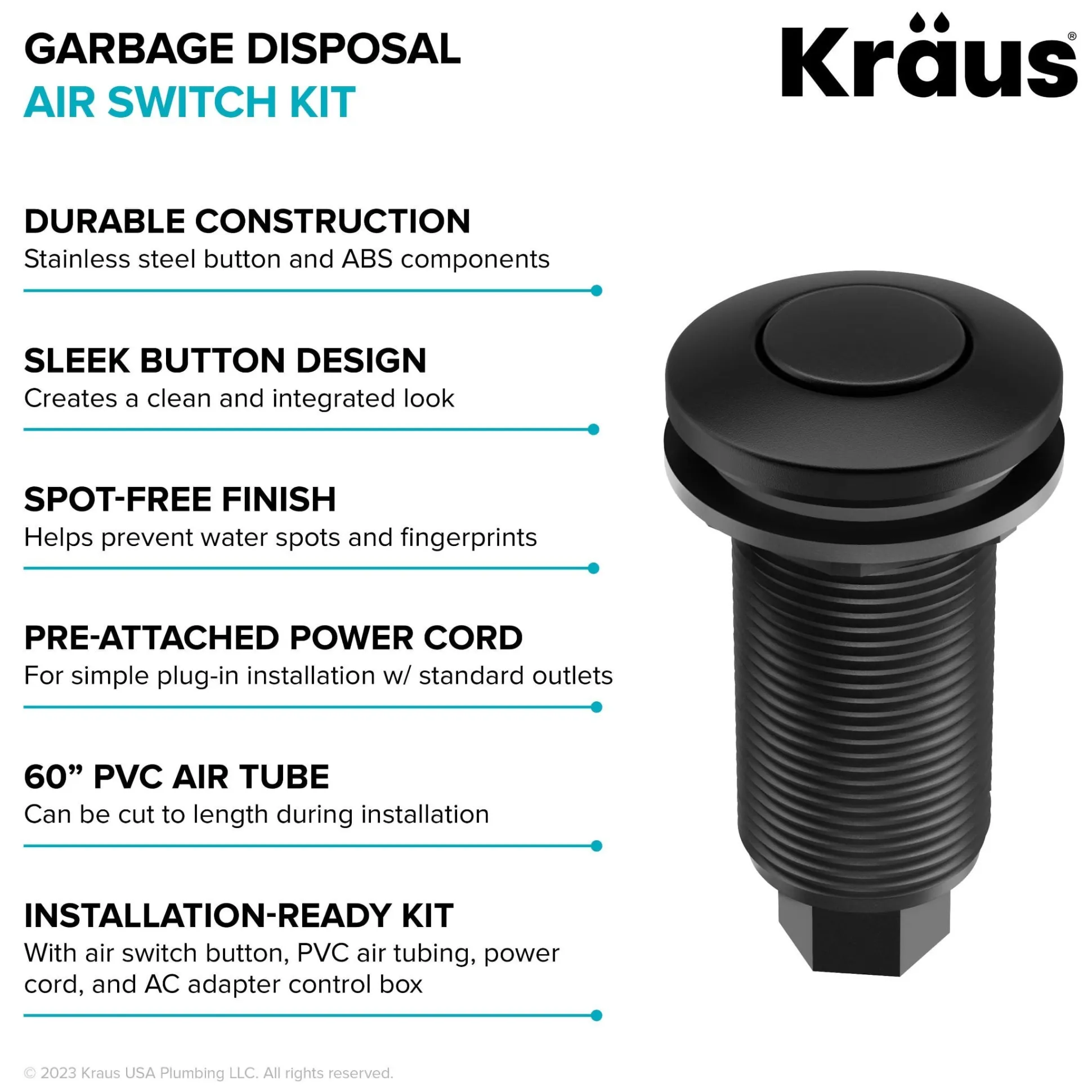 Garbage Disposal Air Switch Kit in Matte Black with Push Button, AC Adapter, Power Cord, and Air Tube Included