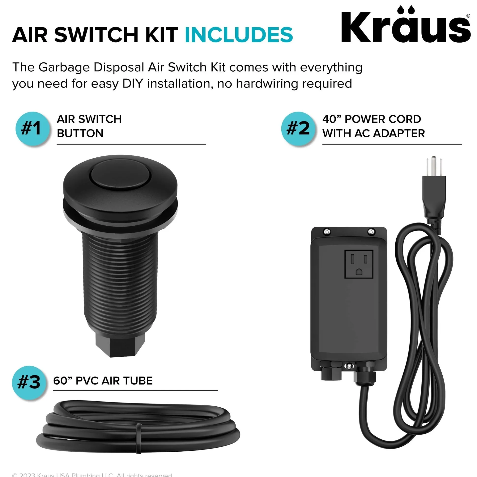 Garbage Disposal Air Switch Kit in Matte Black with Push Button, AC Adapter, Power Cord, and Air Tube Included