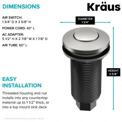 Garbage Disposal Air Switch Kitin Spot-Free Stainless Steel with Push Button, AC Adapter, Power Cord, and Air Tube Included