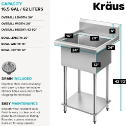 24” 18-Gauge Stainless Steel Single Bowl Freestanding Commercial Style Laundry Utility Sink