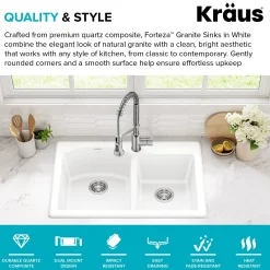 33” Granite Drop In / Undermount 60/40 Double Bowl White Kitchen Sink