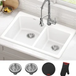 33” Granite Drop In / Undermount 60/40 Double Bowl White Kitchen Sink