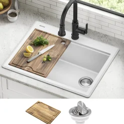 28” Granite Workstation Drop In Top Mount Single Bowl Kitchen Sink in White with Accessories