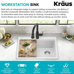 28” Granite Workstation Drop In Top Mount Single Bowl Kitchen Sink in White with Accessories