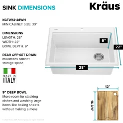 28” Granite Workstation Drop In Top Mount Single Bowl Kitchen Sink in White with Accessories