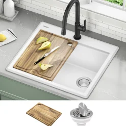 25” Granite Workstation Drop In Top Mount Single Bowl Kitchen Sink in White with Accessories
