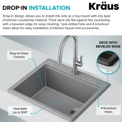 25” Granite Workstation Drop In Top Mount Single Bowl Kitchen Sink in White with Accessories