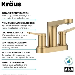 2-Handle 4-inch Centerset Bathroom Faucet in Spot-Free Brushed Brass with Pop Up Drain and Supply Lines