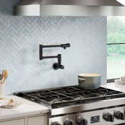 2 Handle Wall Mount Pot Filler Faucet with Retractable Arm in Matte Black