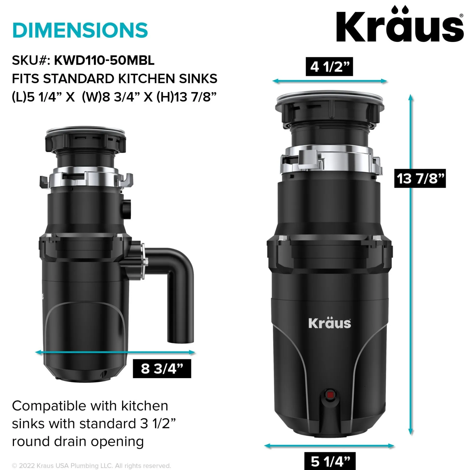 High-Speed 1/2 HP Continuous Feed Ultra-Quiet Motor Garbage Disposal with Quick Connect Mount, Power Cord and Flange Included